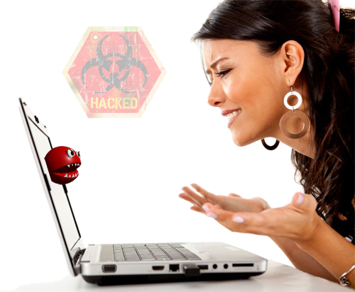 Image of frustrated lady needs virus removal and make her computer run faster.